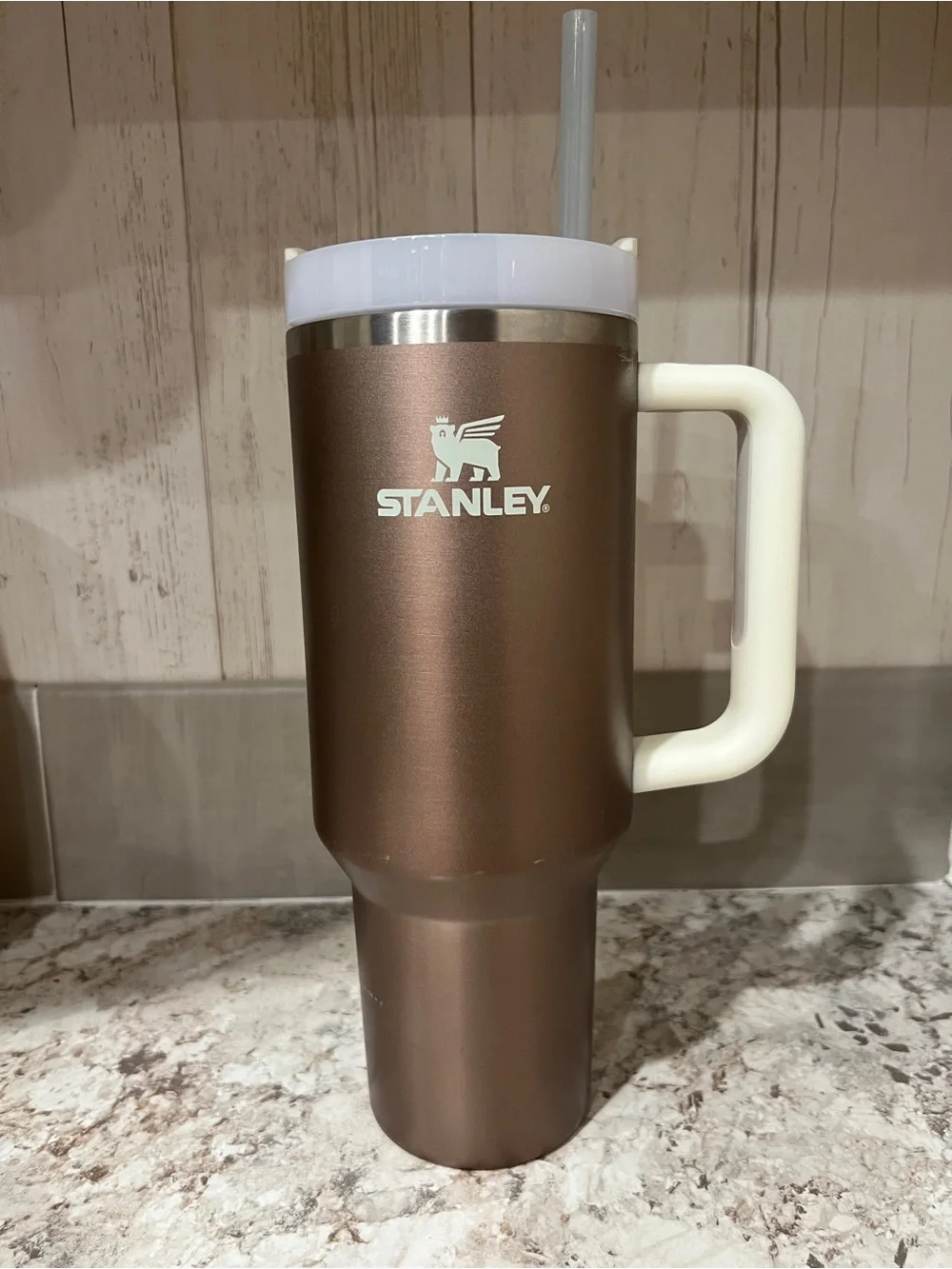 Stanley Brown Travel Tumbler with White Handle and Lid